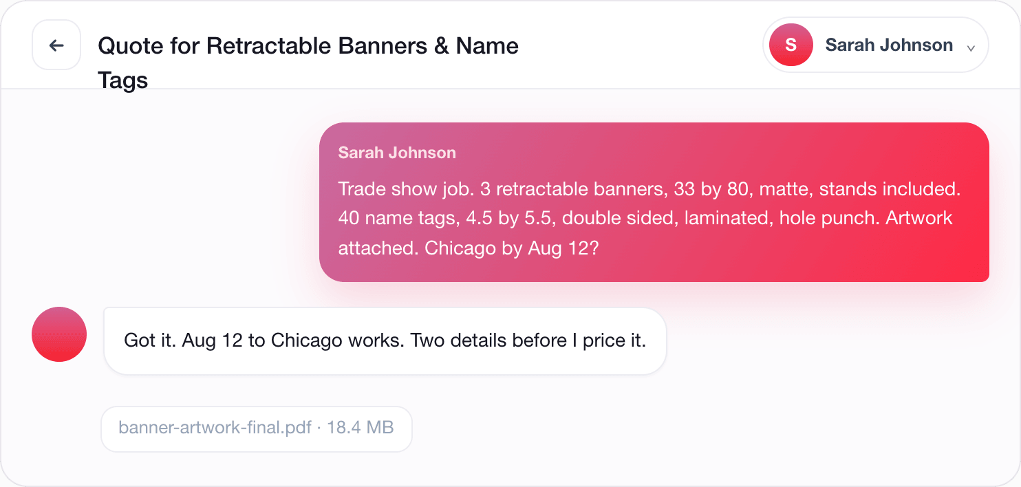 Chat thread showing the customer's banner and name tag request, with artwork attached and the CSR confirming the delivery date.