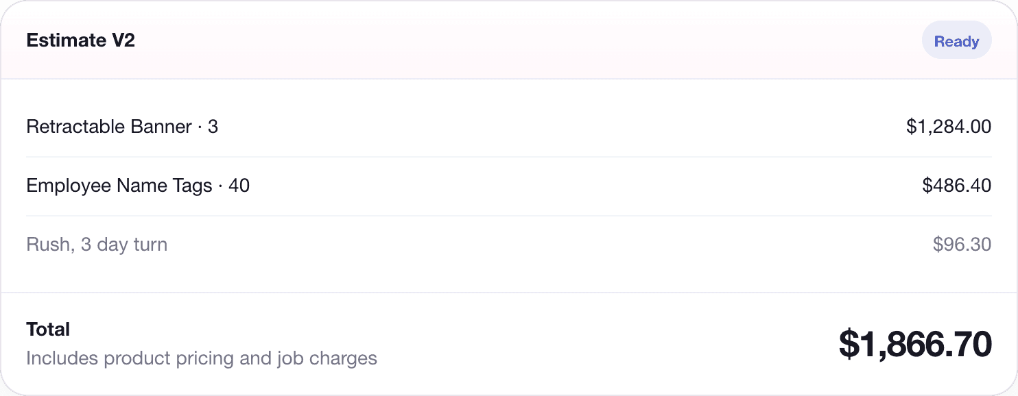 Locked estimate after CSR approval, with a rush job charge added and the total recalculated.